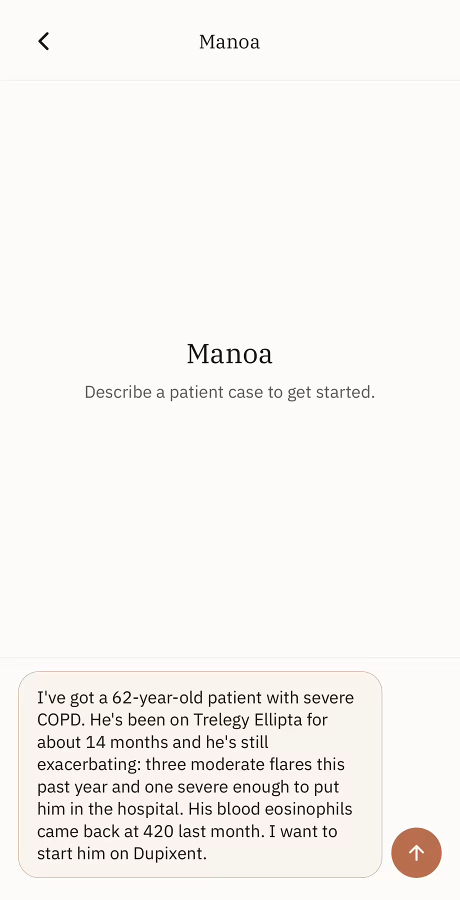 Manoa iOS app showing a clinician asking about a 62-year-old COPD patient and receiving a structured coverage workup.